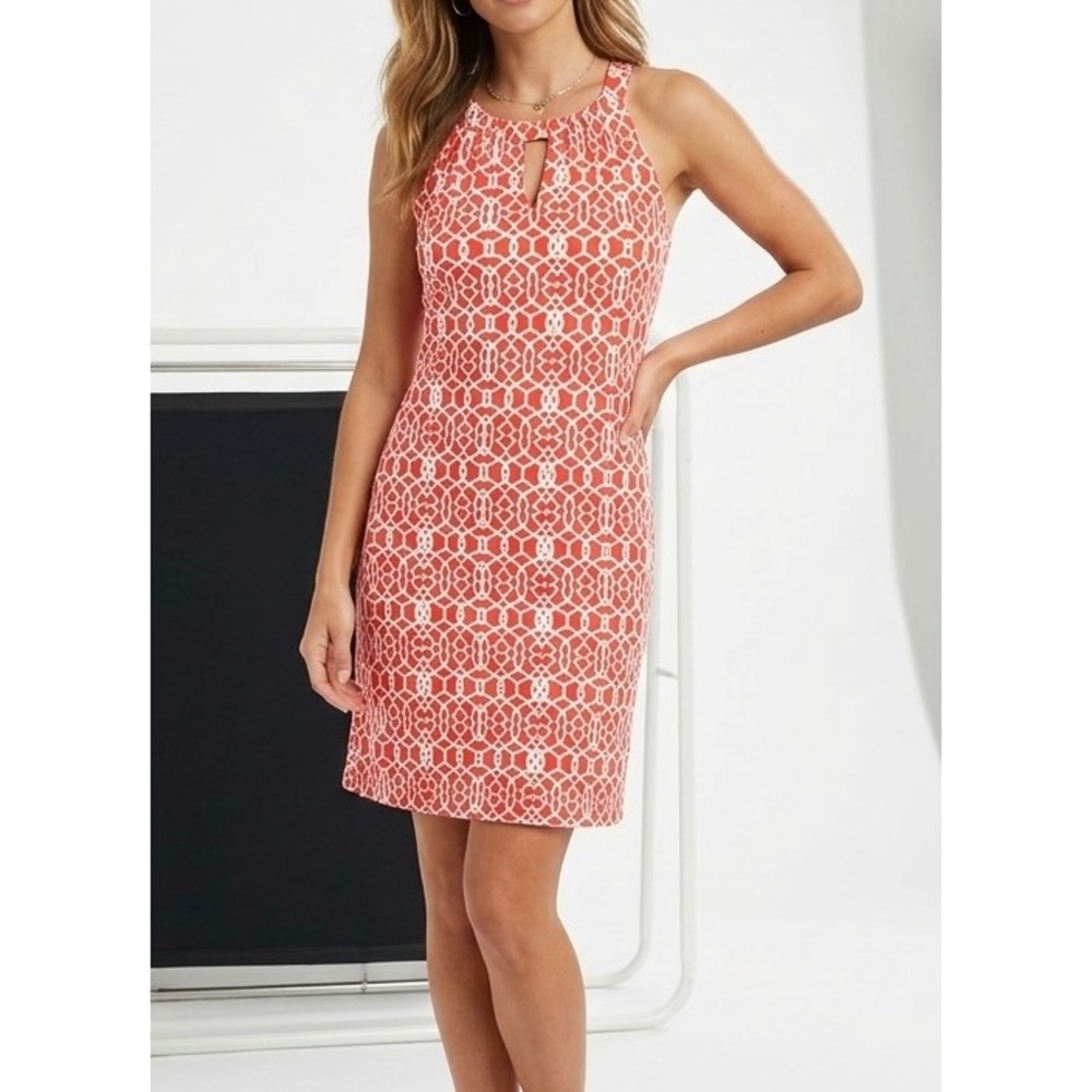 Jude Connally Women Geometric Halter Shift Dress Size XS Coral White Jude Cloth
